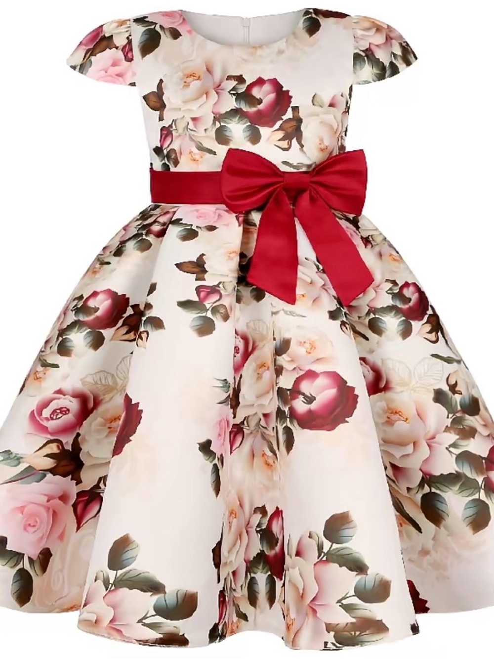 Girls Floral Ivory Party Dress with Red Bow